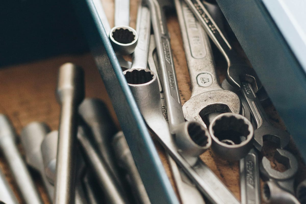 Spanners and sockets in a workshop drawer